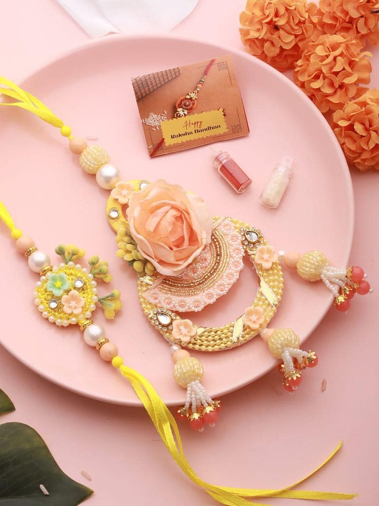 Set of 2 Peach Handcrafted Flower Rakhi for Bhaiya & Bhabhi Lumba Rakhi Set With 999 Silver Lakshmi & Ganeshji 10 gram Colour Silver Coin view 2