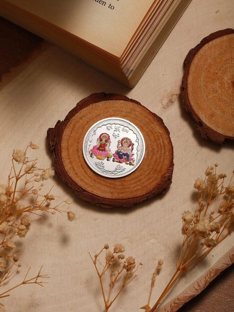 Set of 2 Peach Handcrafted Flower Rakhi for Bhaiya & Bhabhi Lumba Rakhi Set With 999 Silver Lakshmi & Ganeshji 10 gram Colour Silver Coin view 3