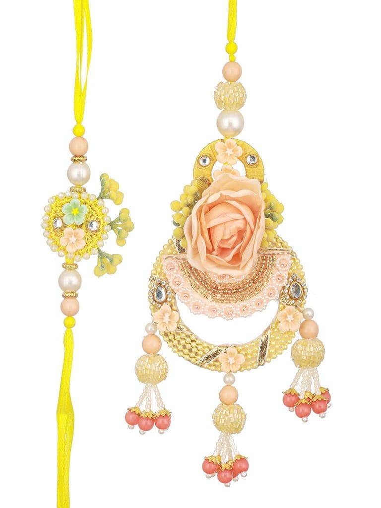 Set of 2 Peach Handcrafted Flower Rakhi for Bhaiya & Bhabhi Lumba Rakhi Set With 999 Silver Lakshmi & Ganeshji 10 gram Colour Silver Coin view 6