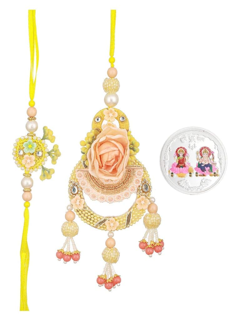 Set of 2 Peach Handcrafted Flower Rakhi for Bhaiya & Bhabhi Lumba Rakhi Set With 999 Silver Lakshmi & Ganeshji 10 gram Colour Silver Coin view 7