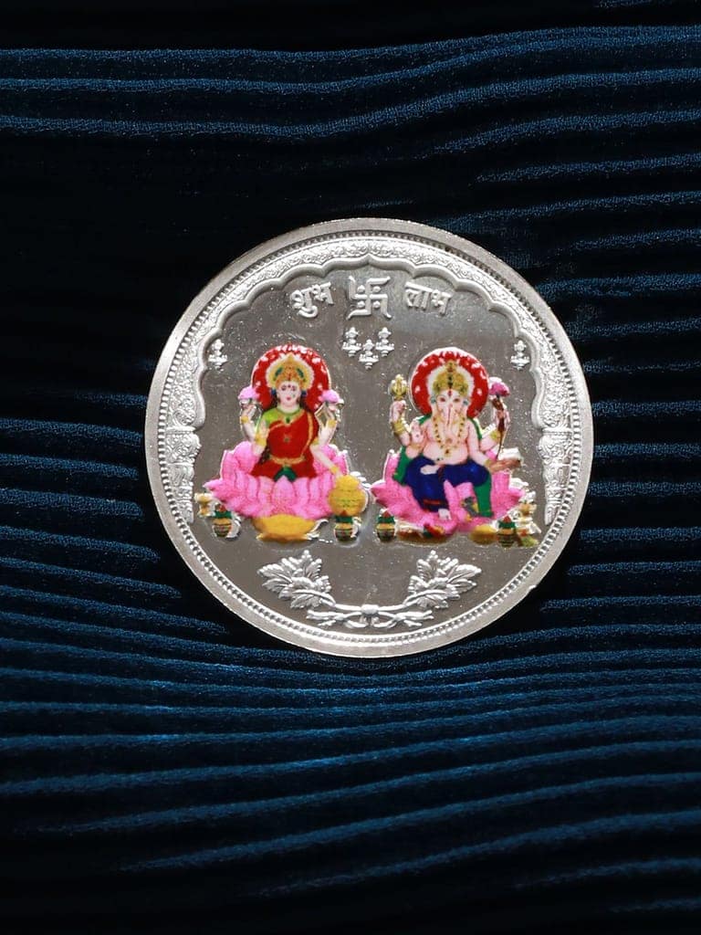 Set of 2 Peach Handcrafted Flower Rakhi for Bhaiya & Bhabhi Lumba Rakhi Set With 999 Silver Lakshmi & Ganeshji 10 gram Colour Silver Coin view 9
