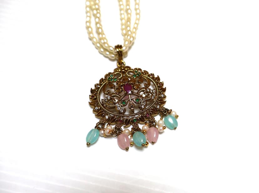 Traditional Gold-Plated Pearl Pendant with Gemstone Accents view 2