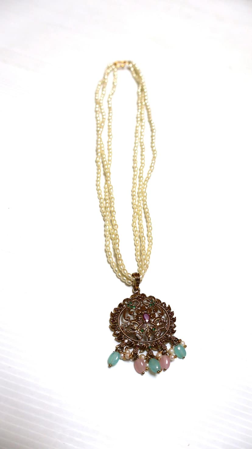 Traditional Gold-Plated Pearl Pendant with Gemstone Accents view 3