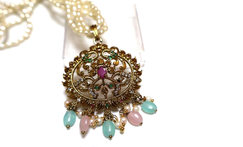 Traditional Gold-Plated Pearl Pendant with Gemstone Accents view 5