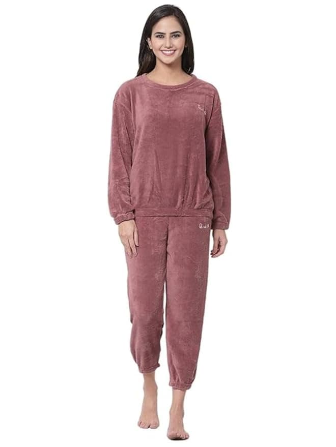 Ukal Women Winter Nightsuit Ladies Fur Nightwear Warm Night Suit for Girls Night Dress Pyjama Set Women's Full Sleeve Top and Pajama Pants Regular Fit Round Neck Pyjama Set