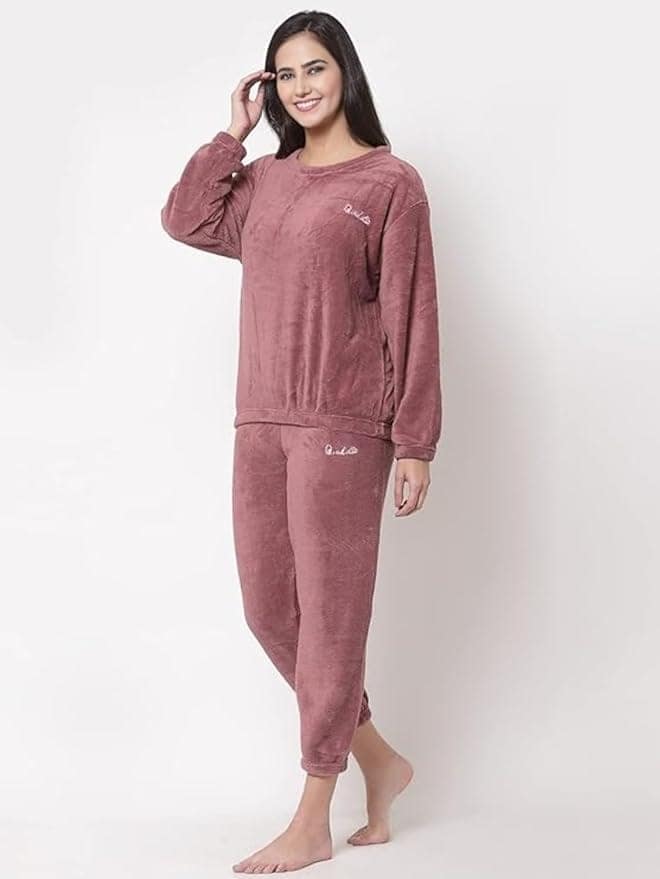Ukal Women Winter Nightsuit Ladies Fur Nightwear Warm Night Suit for Girls Night Dress Pyjama Set Women's Full Sleeve Top and Pajama Pants Regular Fit Round Neck Pyjama Set view 2
