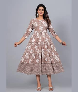 CTMTEX Rayon Flex Printed Anarkali Women's Kurti - Brown,White ( Pack of 1 )