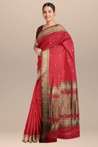 Rose Red Rui Buti Handwoven Mulberry Sausar Silk with Broad Zari Border Saree SKU-BS10133