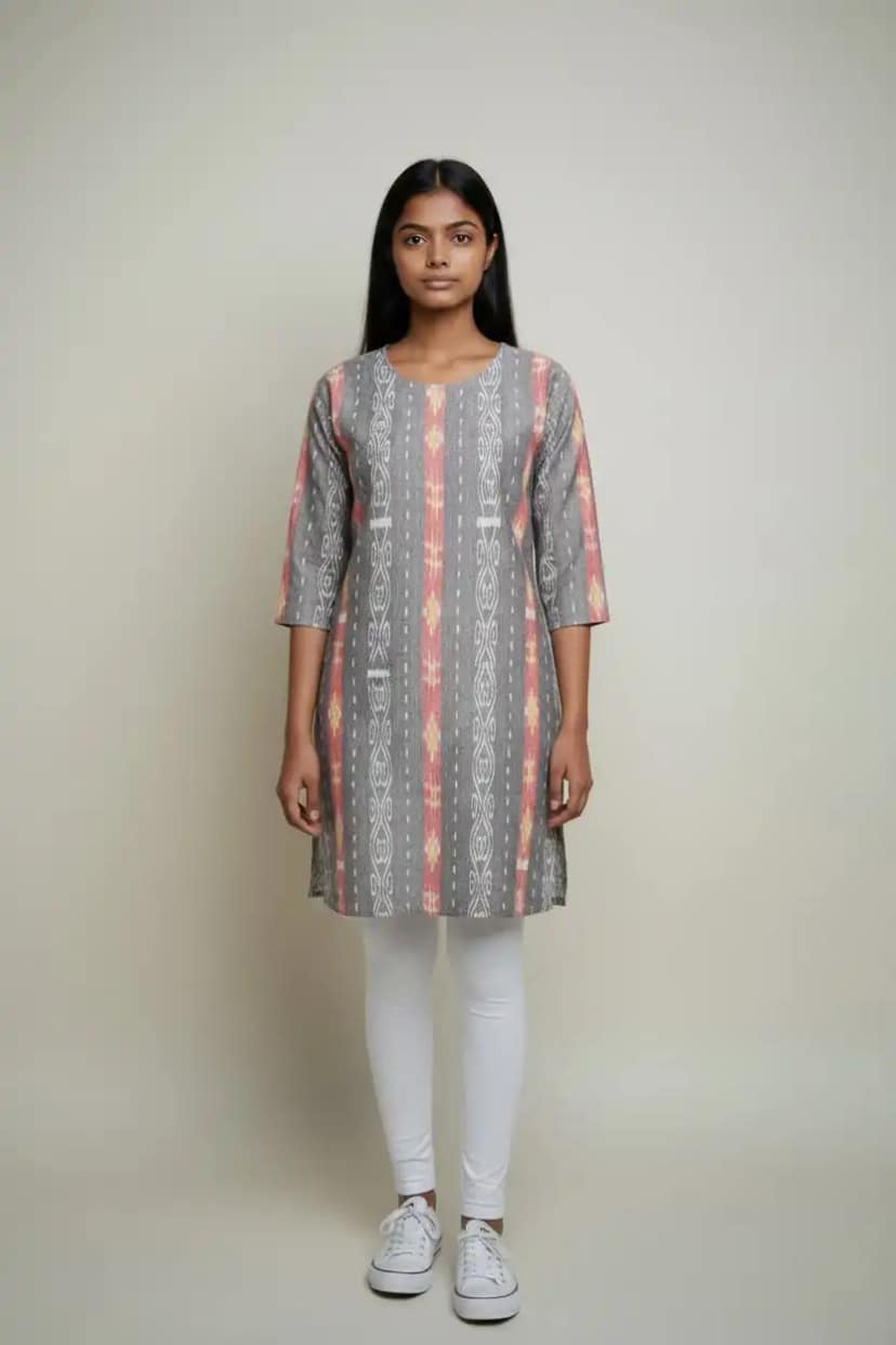 Sambalpuri Ikat Ornate Charcoal Grey-Odisha Handloom Kurti view 2