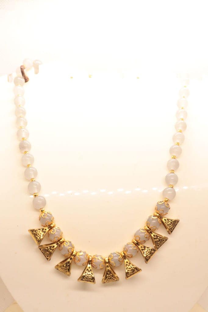 White and Gold Beaded Necklace with Triangle Accents