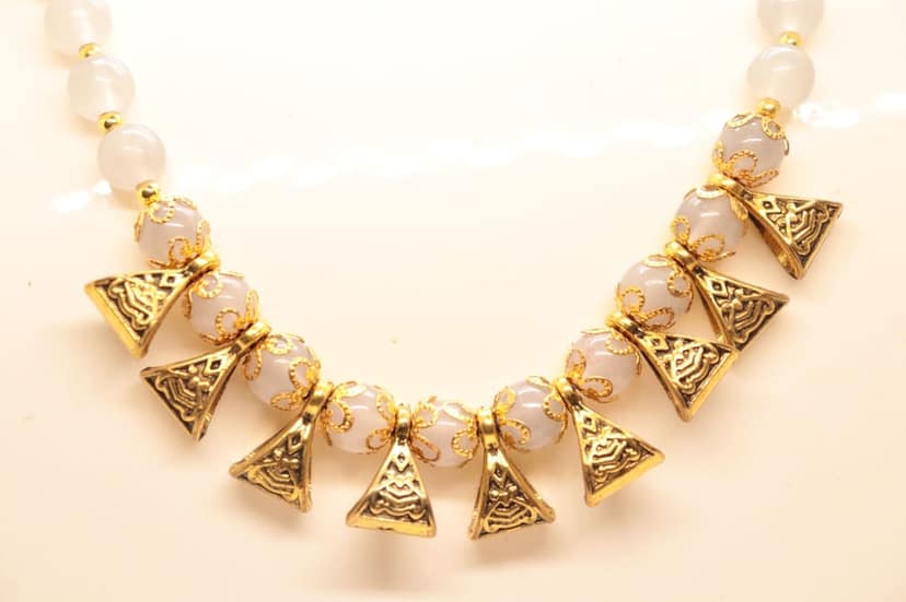 White and Gold Beaded Necklace with Triangle Accents view 3