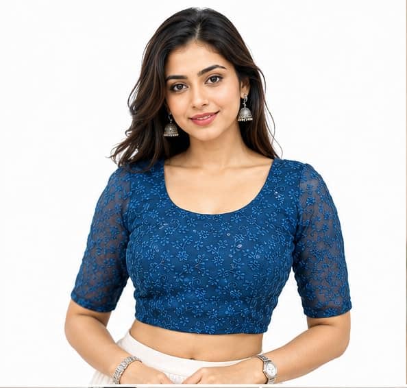 Elegant Blue Chikankari Embroidered Blouse with Sheer Sleeves