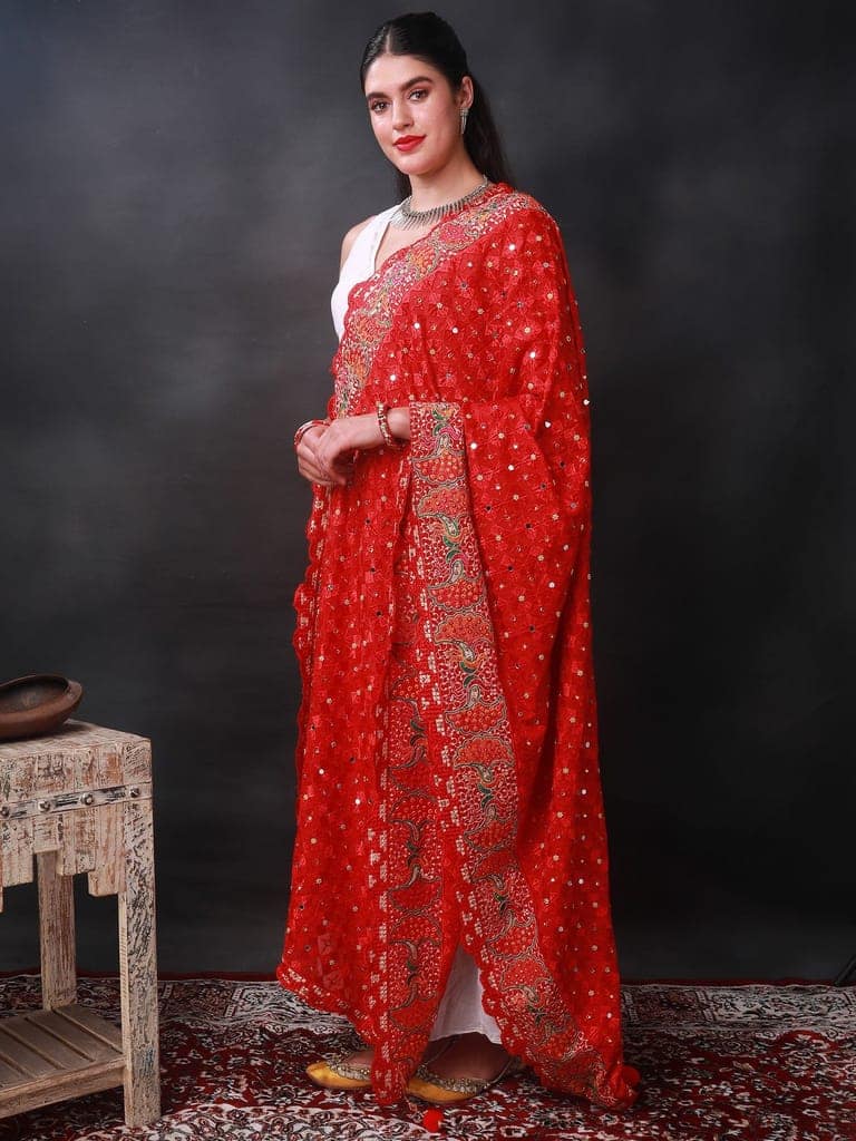 Red Phulkari Dupatta from Punjab with Multicolor Pair Of Peacock Embroidered Motif and Bead-Mirror Work view 2