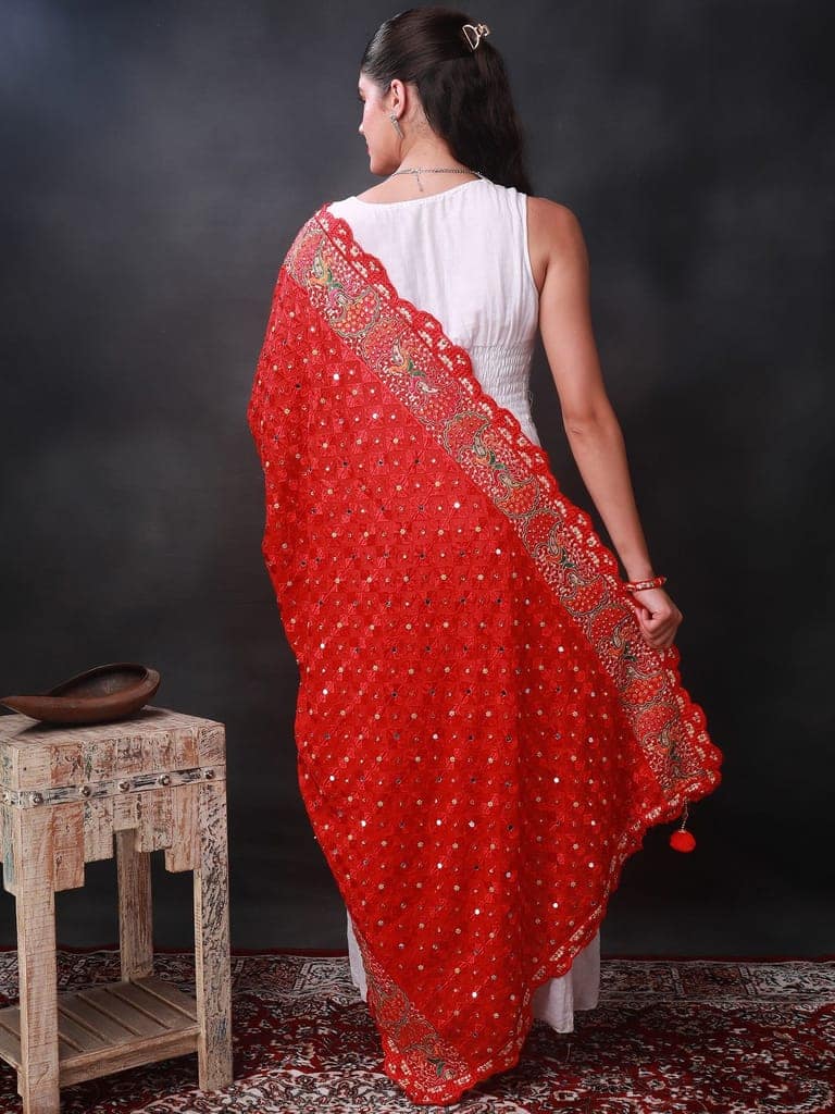 Red Phulkari Dupatta from Punjab with Multicolor Pair Of Peacock Embroidered Motif and Bead-Mirror Work view 3