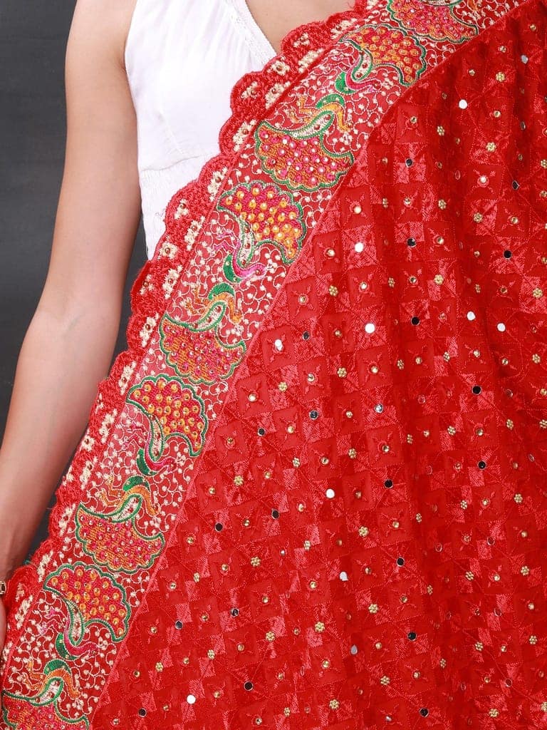 Red Phulkari Dupatta from Punjab with Multicolor Pair Of Peacock Embroidered Motif and Bead-Mirror Work view 4