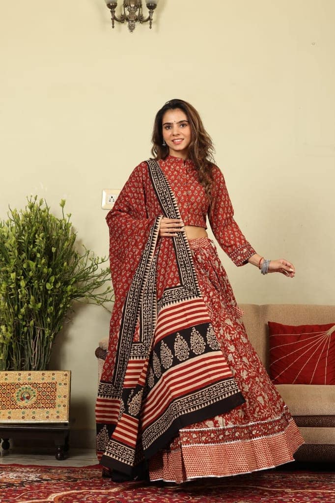 Handblock Printed Cotton Lehanga And Top With Mulmul Dupatta (Size: 34-46) Red Color-8151