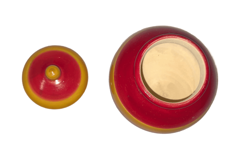 Handcrafted Wooden Kumkum Box with Lid - Red and Yellow view 2