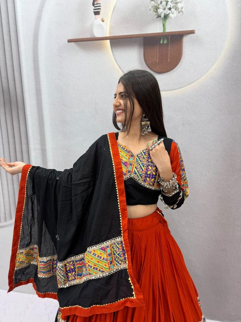 Women's Traditional Pure Cotton Navratri Lehenga Choli Set | Black and Rust Orange Garba Dress with Gamthi Embroidery and Mirror Work view 5