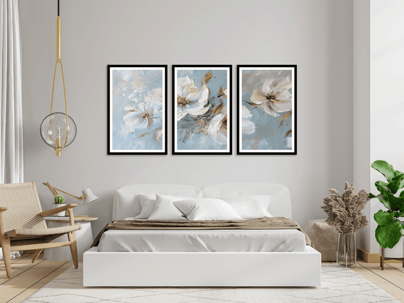 SET OF 3 MODERN BOTANICAL WALLART 48in X 24in WITH BLACK FRAME