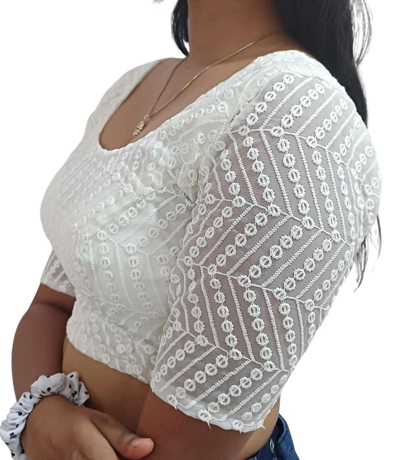Off-White Chikankari Blouse with Traditional Floral and Geometric Embroidery view 2