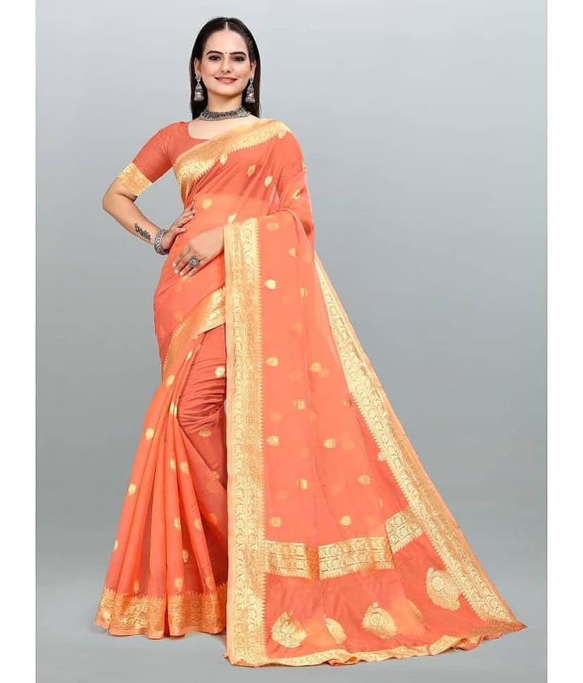 Om Shantam Sarees Organza Self Design Saree With Unstitched Blouse Piece ( Peach )