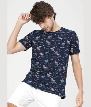 Highlander Men Cotton Slim Fit Printed T-Shirt ( Navy )