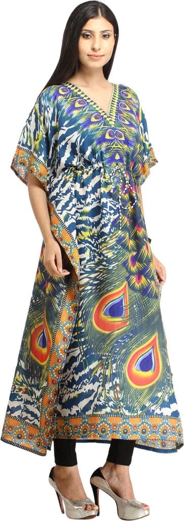 Moroccan-Blue Digital-Printed Kaftan with Dori on Waist and Large Peacock Feathers view 3
