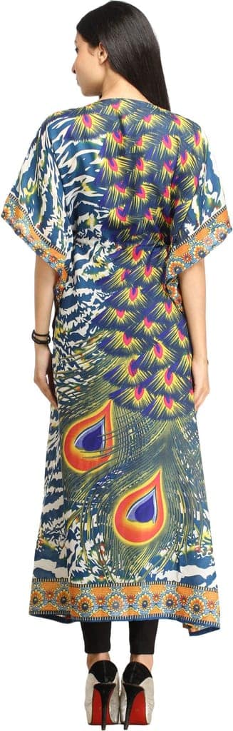 Moroccan-Blue Digital-Printed Kaftan with Dori on Waist and Large Peacock Feathers view 4
