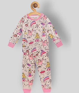 Lazy Shark Pack of 1 Girls Cotton Blend Nightsuit Set ( Cream )