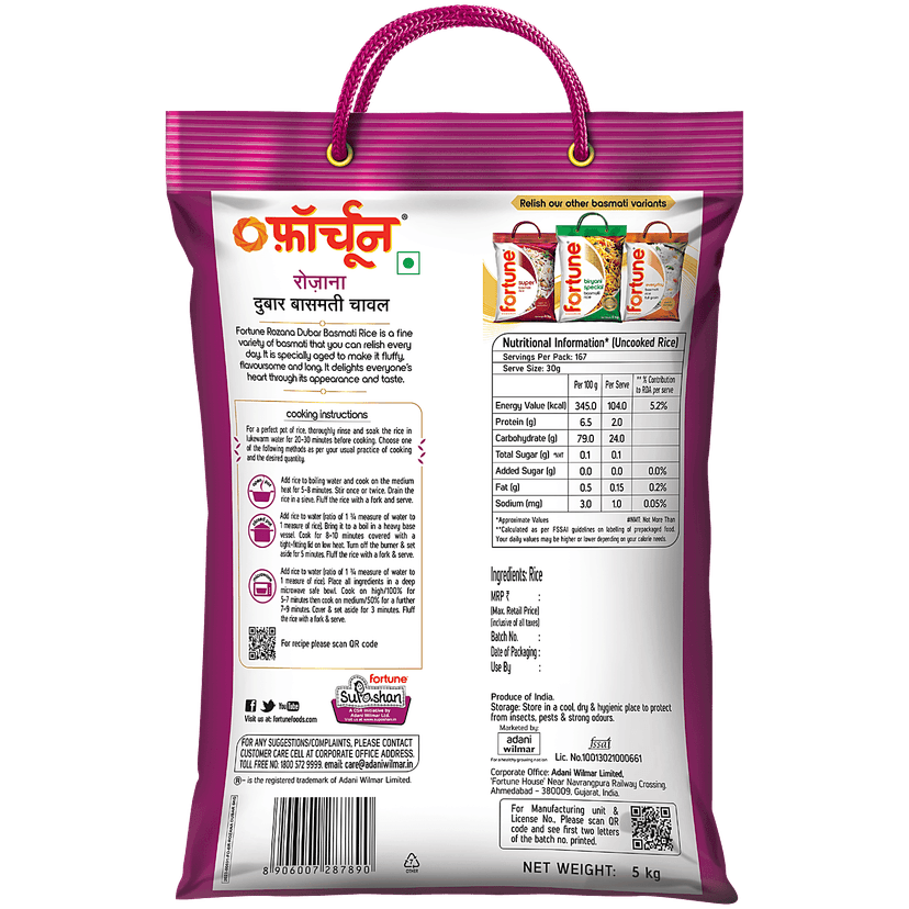 Fortune Rozana Dubar Basmati Rice, 5 Kg Pouch view 2