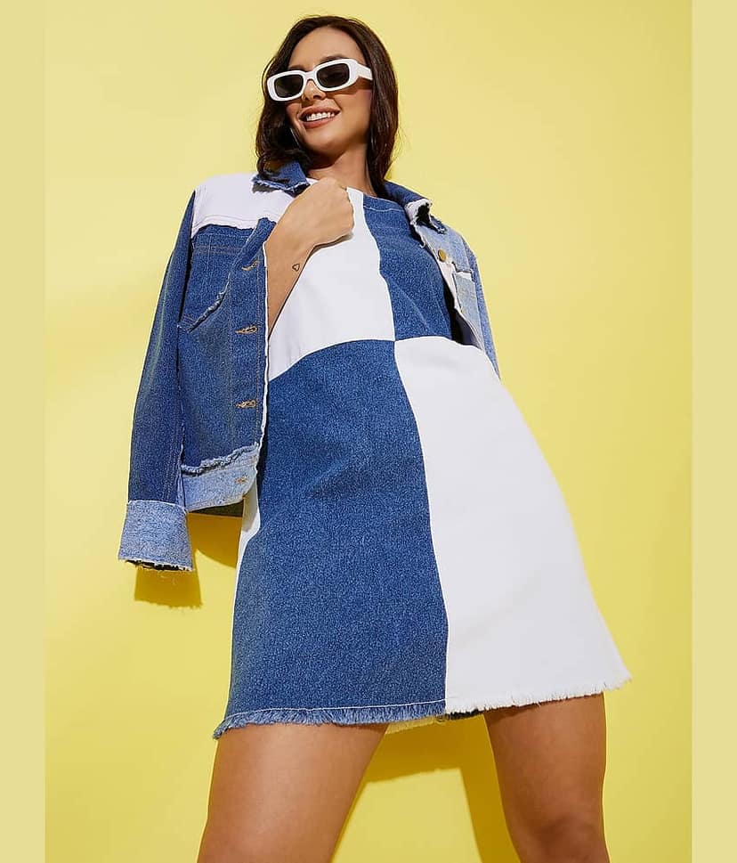 StyleStone Women Denim Colorblock Shift Dress ( Blue )