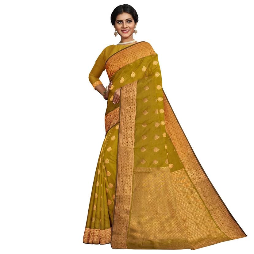 Olive Green Color Thilagam Butta Saree with Unstitched Blouse view 3