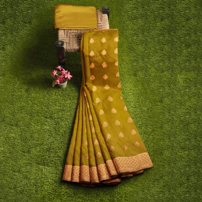Olive Green Color Thilagam Butta Saree with Unstitched Blouse view 4
