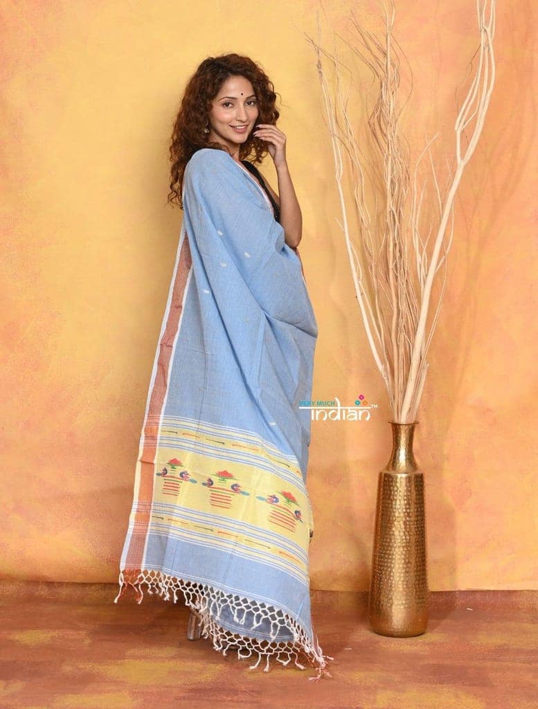 Mastaani ~ Handloom Pure Cotton Paithani Dupatta With Beautiful Handweave and Tassels ~ Powder Blue