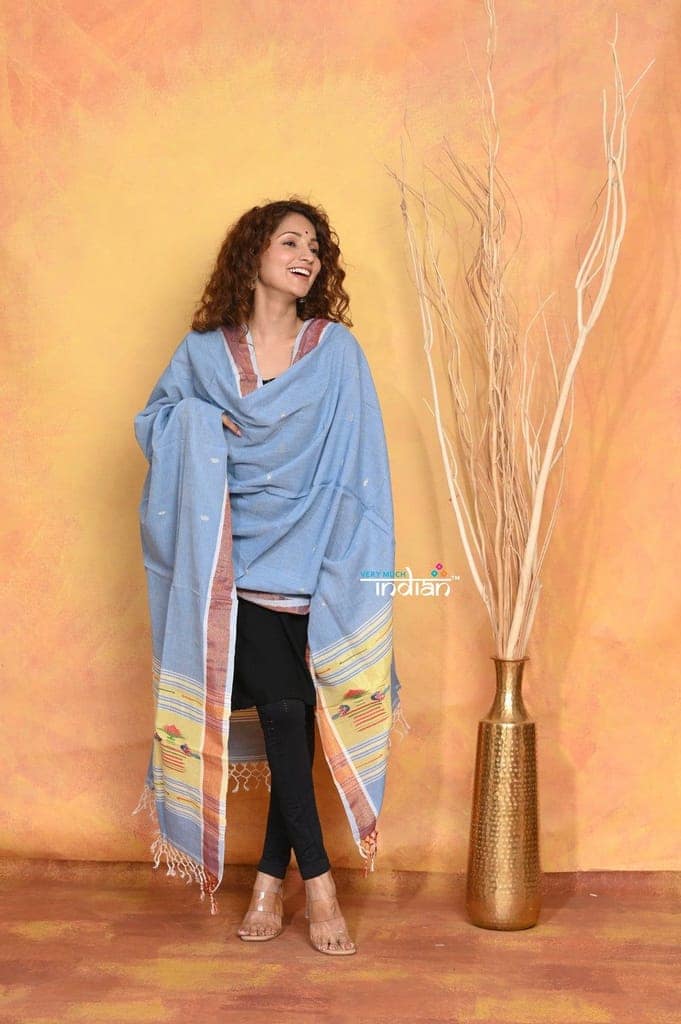 Mastaani ~ Handloom Pure Cotton Paithani Dupatta With Beautiful Handweave and Tassels ~ Powder Blue view 2