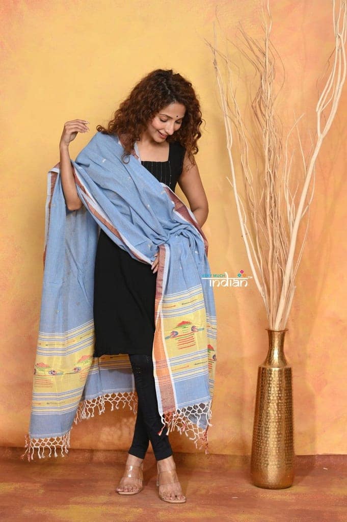 Mastaani ~ Handloom Pure Cotton Paithani Dupatta With Beautiful Handweave and Tassels ~ Powder Blue view 3