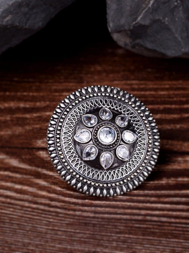 Silver Plated White Stone Studded Antique Finger Ring view 2