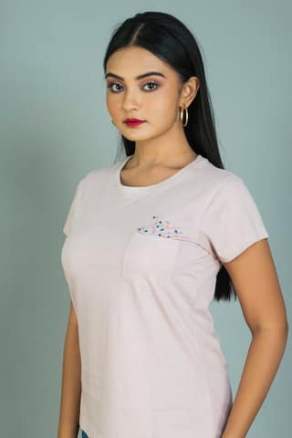 Light choco cream coloured women hand embroidered cotton T shirt,