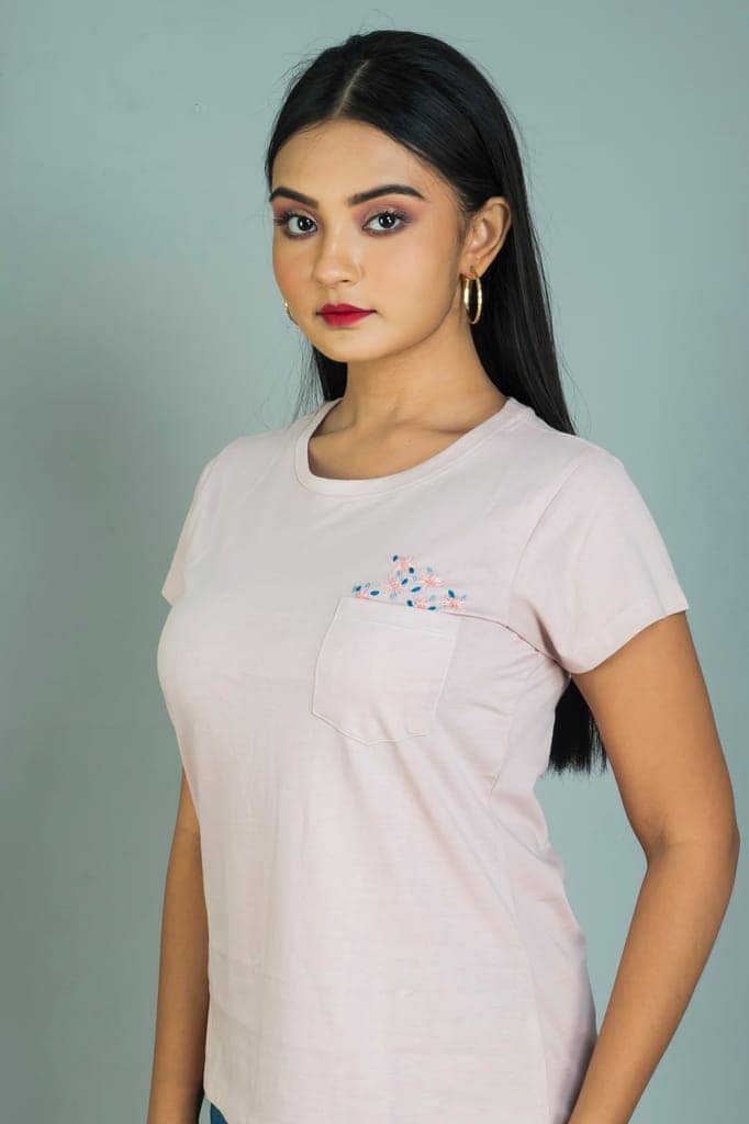 Light choco cream coloured women hand embroidered cotton T shirt,