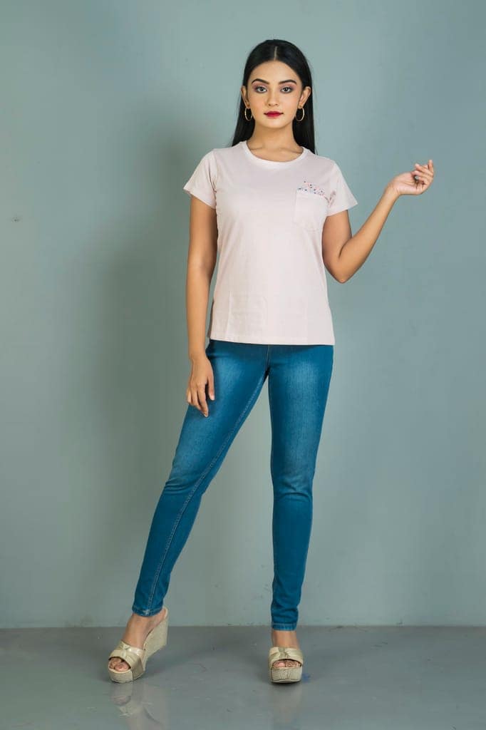 Light choco cream coloured women hand embroidered cotton T shirt, view 2