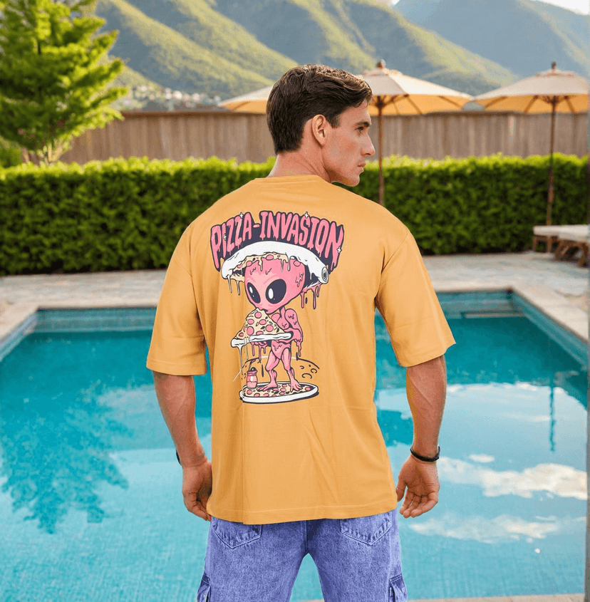 Yellow Pizza Invasion Back Print Oversized T-shirt
