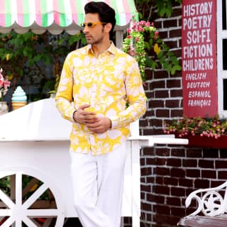 Hibiscus Pineapple Yellow Casual Pure Linen Full shirt (Size - M) by BLUE EAGLE