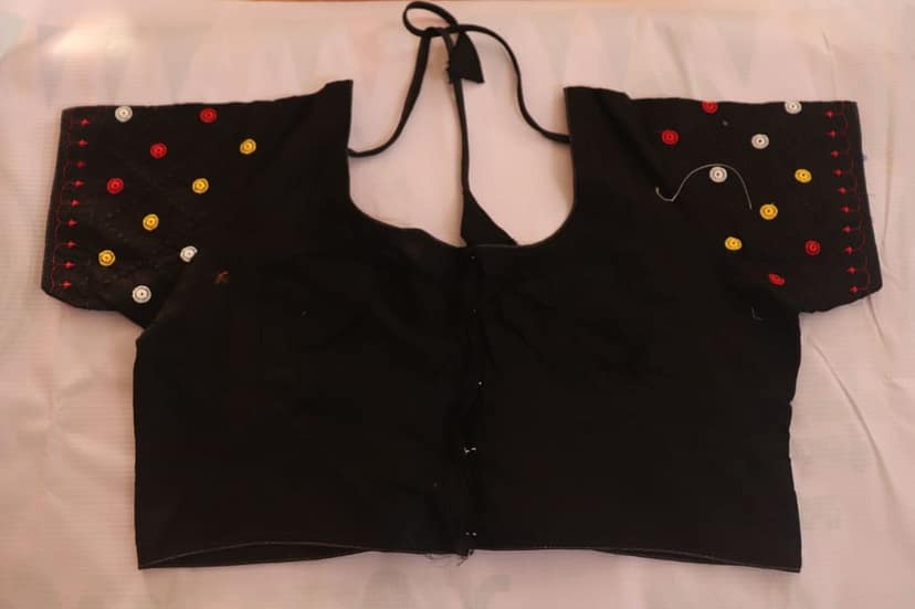Black cotton blouse with mirror work embroidery