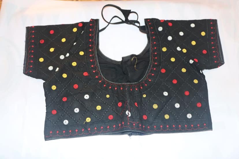 Black cotton blouse with mirror work embroidery view 3