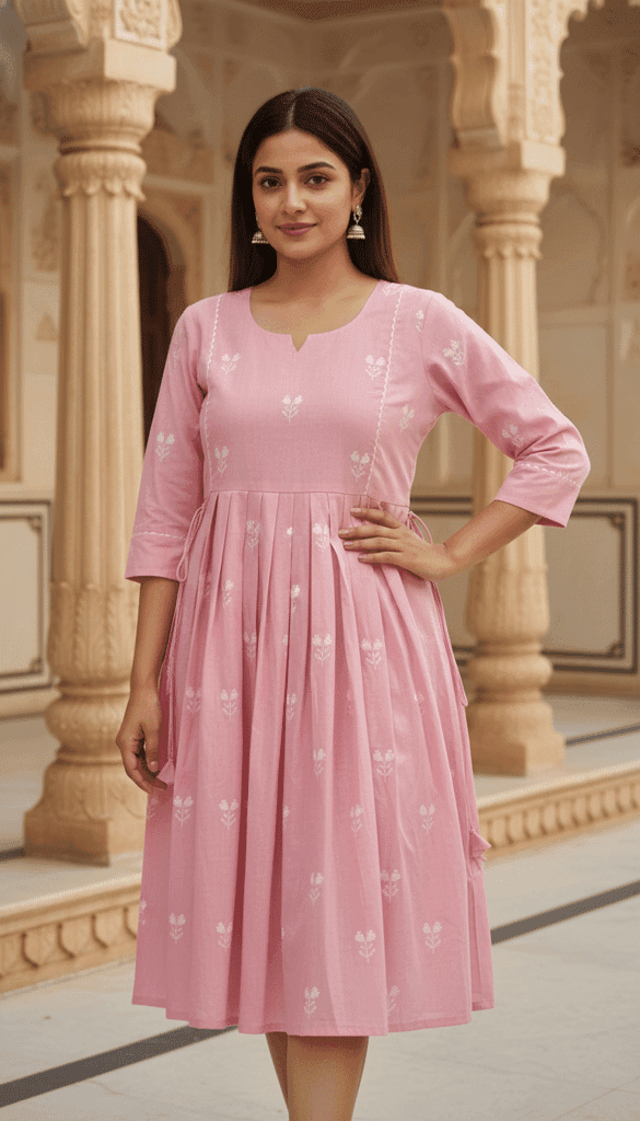 Cotton Printed Long Dress for Women | Anarkali Style | 3/4th Sleeve | Casual & Festive Wear view 2