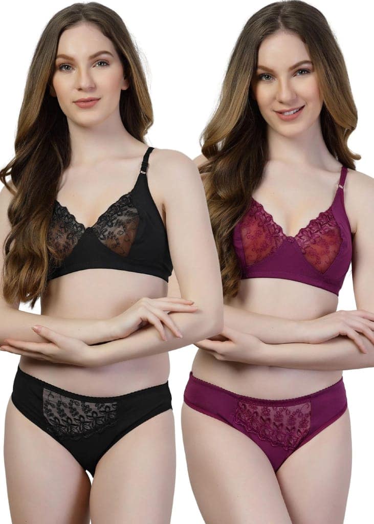 adornstar Women Cotton Lingerie Set with Solid Color Design | Non Wired and Non Padded Bra with Full Coverage Hipster Panty Set | Stylish and Soft Stretchable Fabric (Pack of 2)