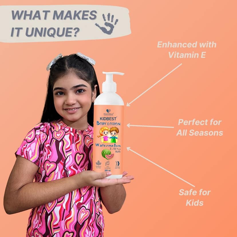 HealthBest Kids Body Lotion 500ml - Tear Free, Watermelon Moisturizer with Shea Butter & Vitamin E – Antibacterial, Paraben & SLS Free view 3