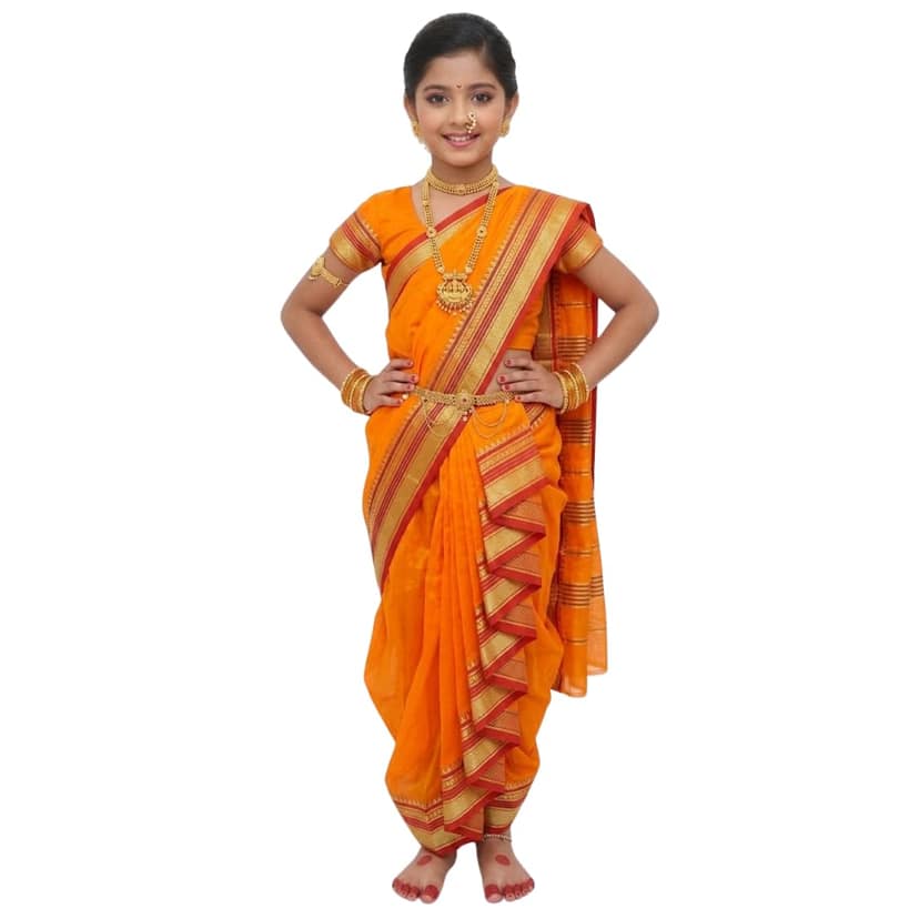 Mom and Me Girls' Ready-to-Wear Mastani Nauwari Saree with Stitched Blouse | Traditional Maharashtrian Ilkal Border | Soft Acrylic Cotton | Age 12 Months to 15 Years (Orange, 11-12 Years)