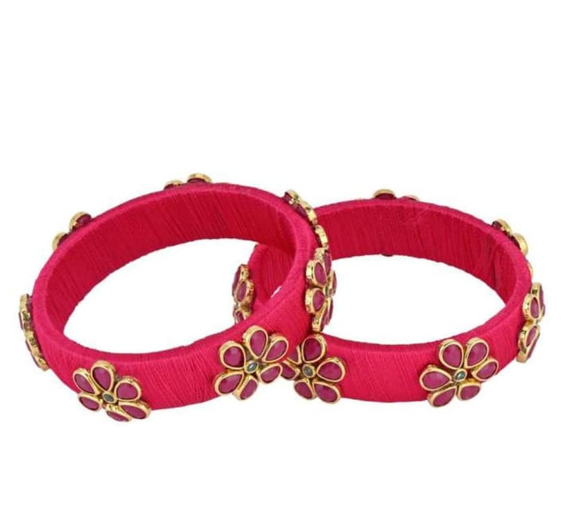 Pink Silk Thread Bangle Set with Kundan and Pearl Flower Design view 2