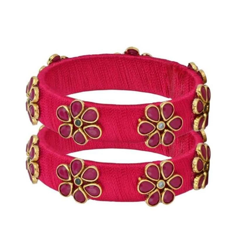 Pink Silk Thread Bangle Set with Kundan and Pearl Flower Design view 3